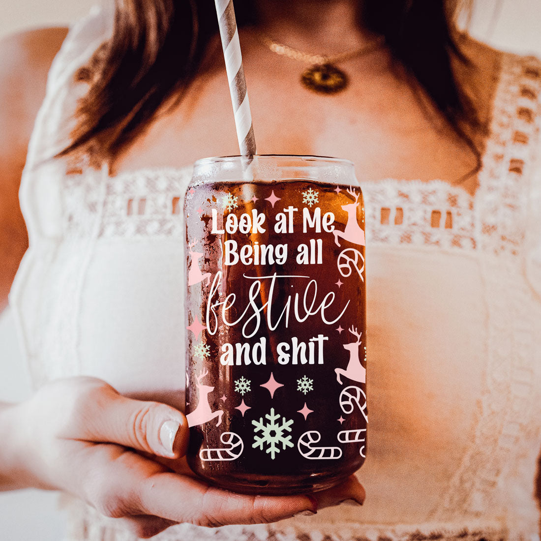 Funny Pink Christmas Glass Cups with lid
