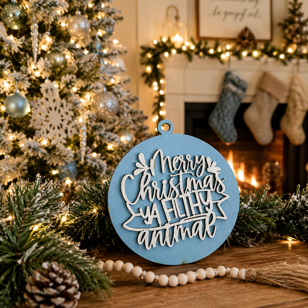 White Elephant Christmas ornament
Christmas tree ornament with humorous quote
Unique Christmas ornament for adults
Farmhouse holiday ornament
Wooden Christmas keepsake ornament
Holiday ornament exchange gift
Christmas gift for movie lovers
Funny Christmas tree decorations