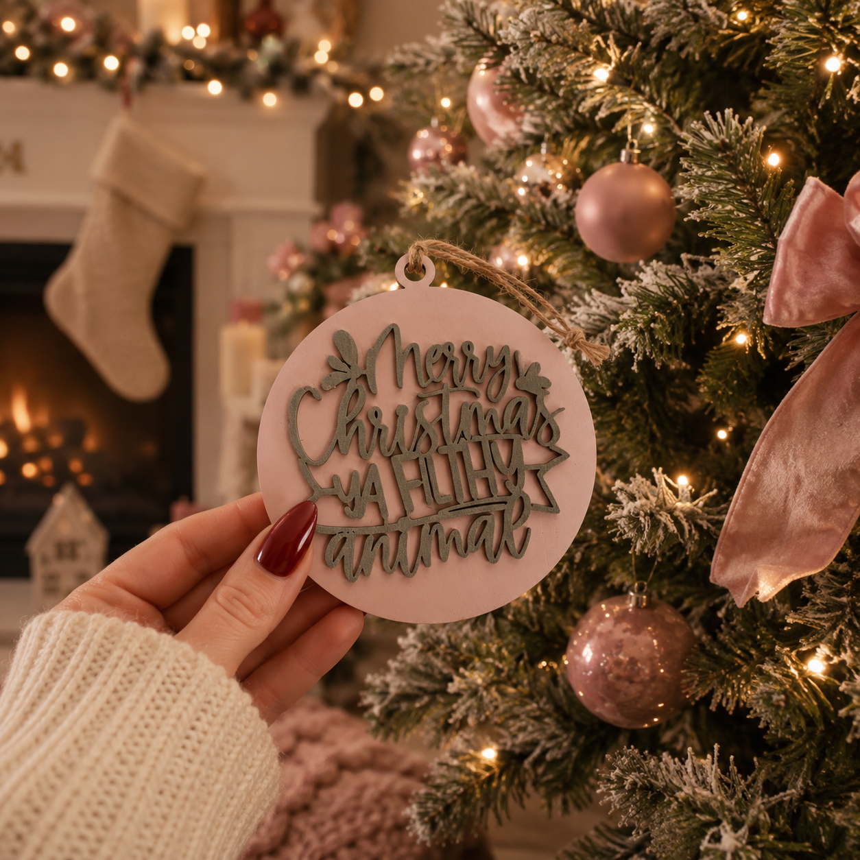 Christmas home décor ornament
Rustic holiday hanging decoration
Christmas ornament available in multiple colors
Layered laser-cut holiday ornament
Vintage-inspired Christmas movie ornament
Funny Christmas décor for farmhouse home
Holiday gift for Christmas movie enthusiasts
Christmas ornament with raised 3D lettering
Modern rustic Christmas ornament