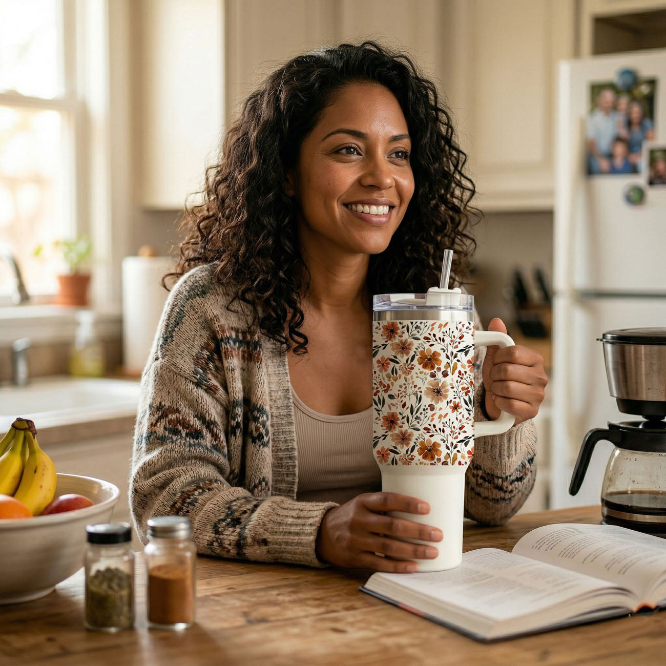 Floral Fall 40oz Tumbler with Handle | Autumn Flowers Travel Cup with Straw | Neutral Pumpkin Spice Aesthetic Coffee Tumbler