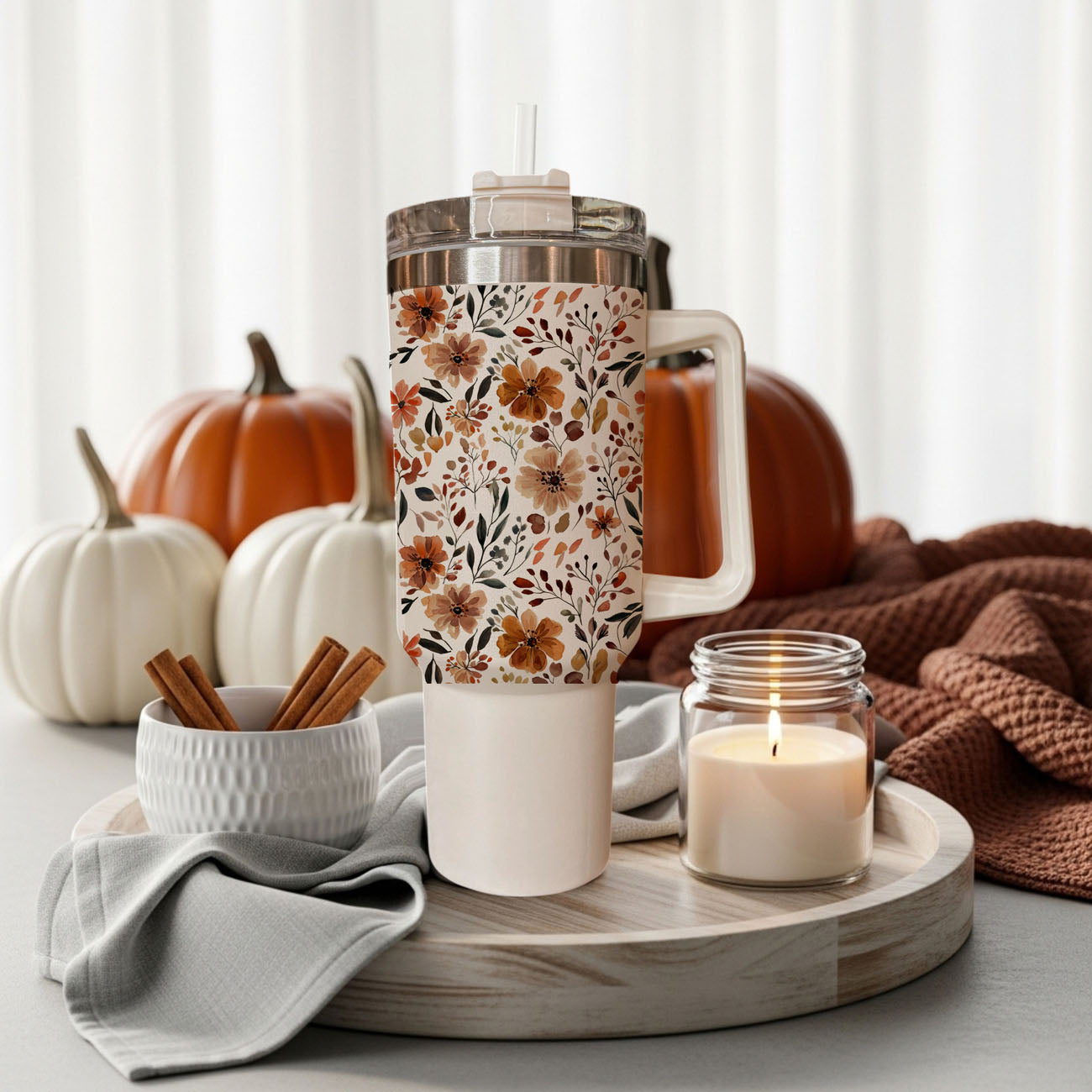 cute thanksgiving floral tumbler
stylish autumn floral drinkware
warm cozy flower tumbler
fall market aesthetic tumbler
neutral floral cup with straw lid
cute floral tumbler for office desk
autumn leaves and flowers aesthetic cup
cozy coffee bar floral tumbler
minimalist fall floral tumbler