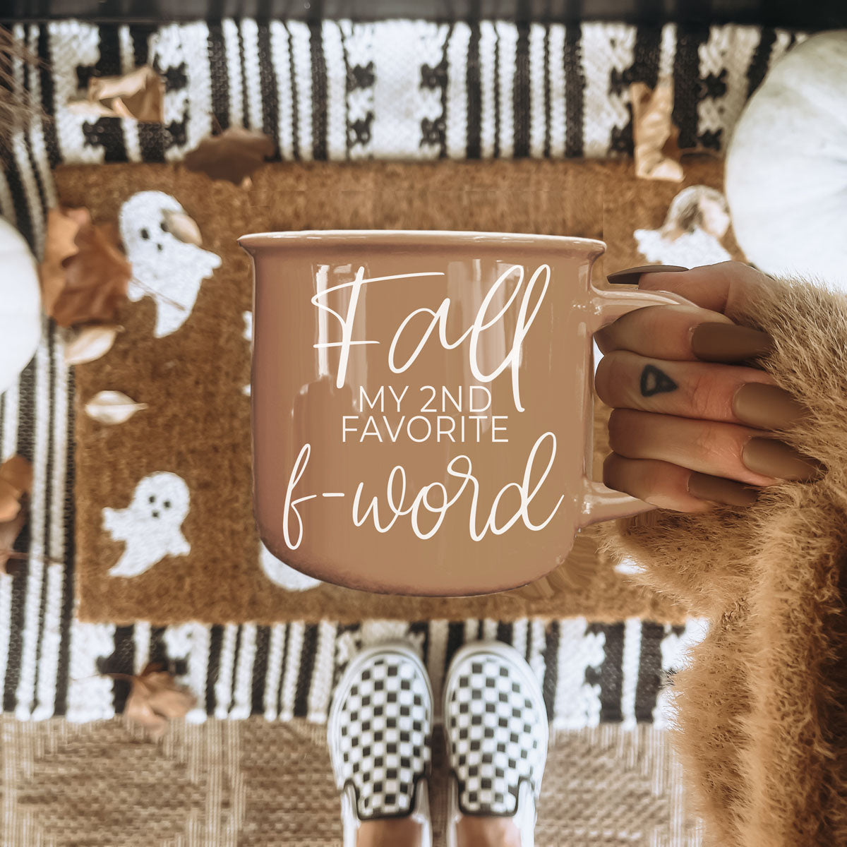 funny fall coffee mug on neutral background
autumn coffee cup with cheeky f word phrase
tan enamel style mug with fall quote
fall humor mug for pumpkin patch season
cozy fall vibes mug with sarcastic saying