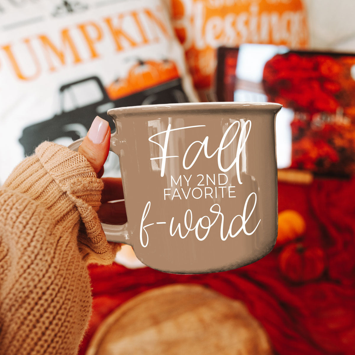 fall f word mug held in hands lifestyle photo
funny fall mug gift for best friend
fall kitchen decor coffee mug with joke
sarcastic pumpkin spice mug for cozy season
fall is my 2nd favorite f word mug closeup