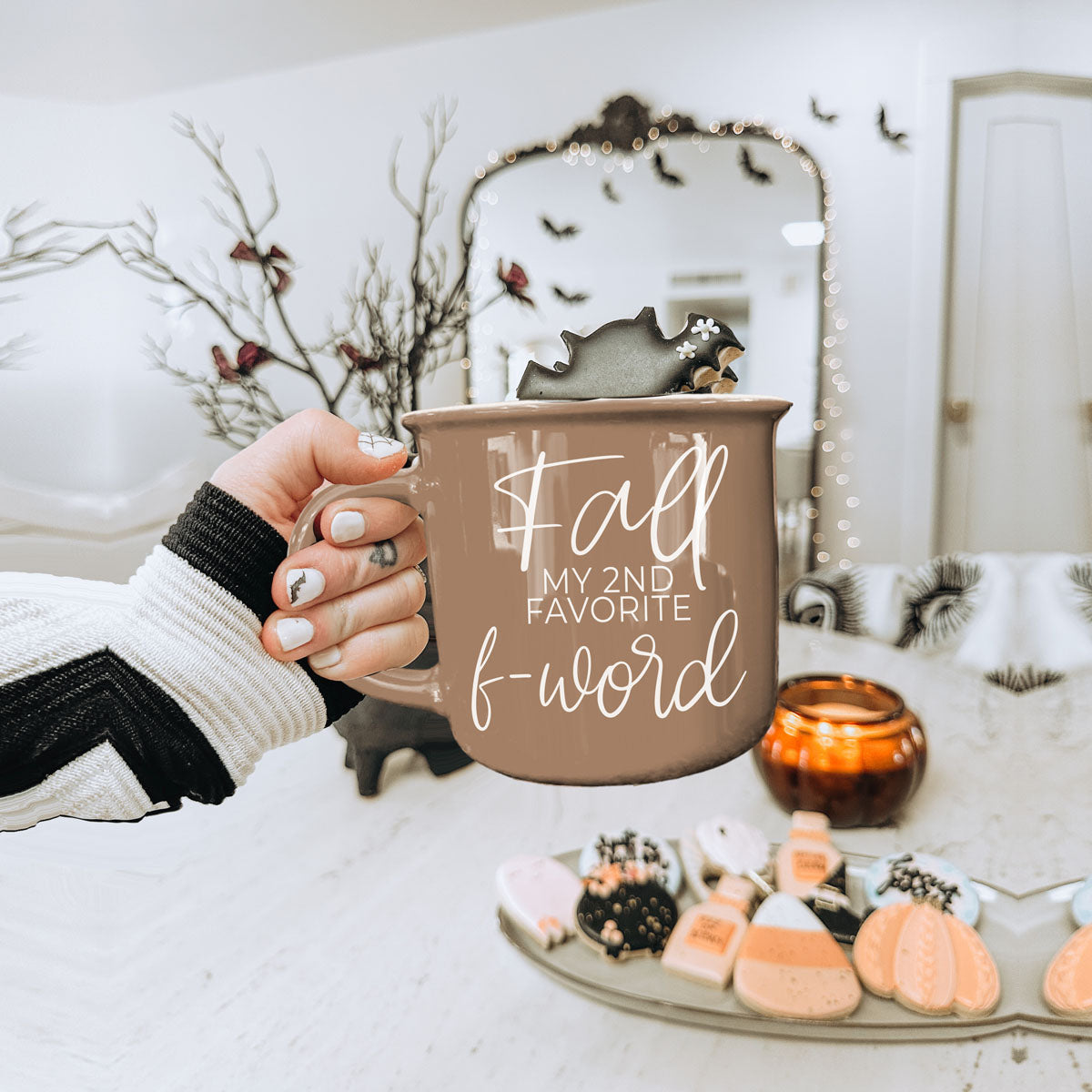 funny fall mug for teacher gift
coworker fall coffee mug with f word joke
cute fall mug held in hands lifestyle photo
instagram ready fall coffee mug aesthetic
cozy autumn morning coffee cup with quote