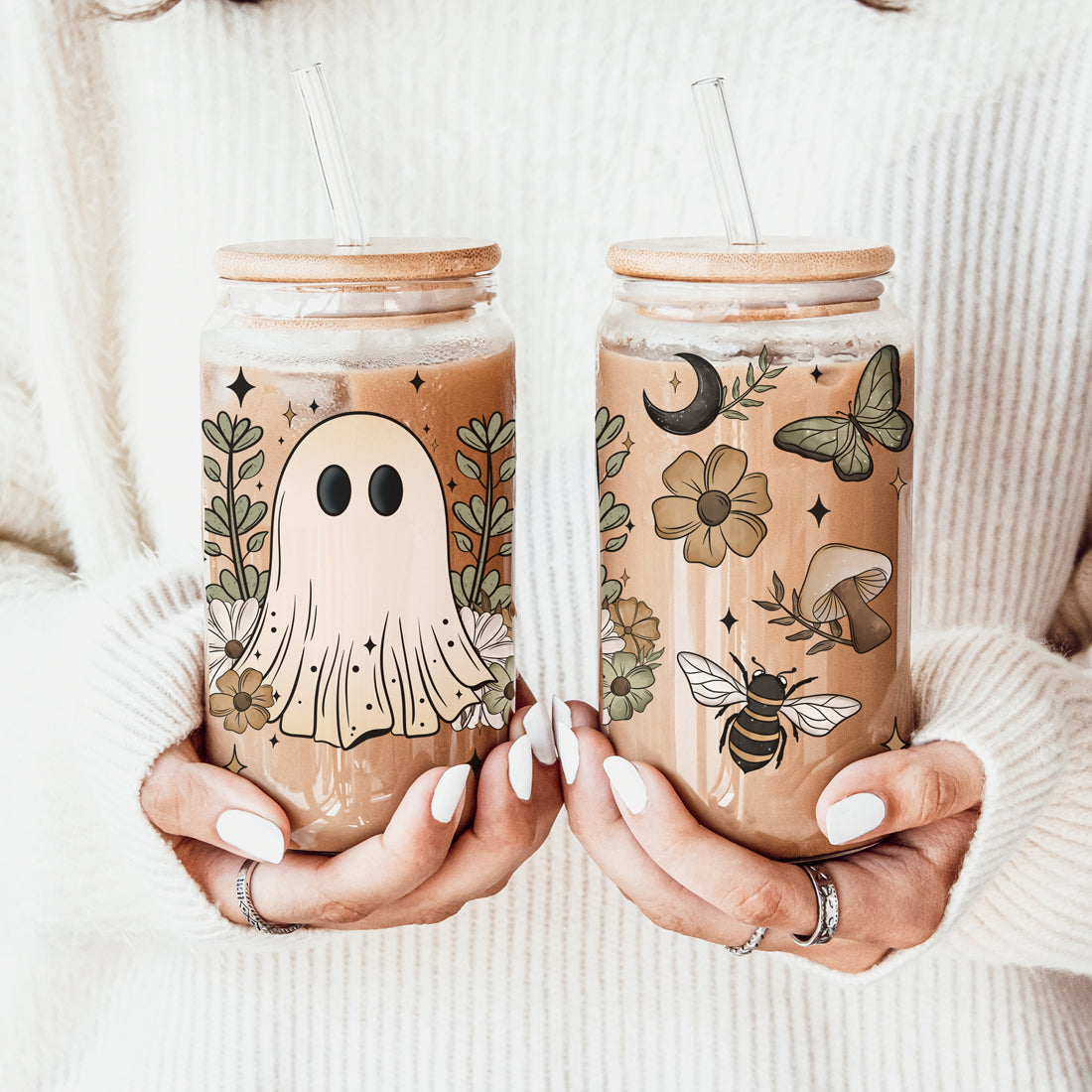 Bee and butterfly halloween tumbler
Ghost garden illustration cup
Botanical halloween artwork
Nature witch drinking glass