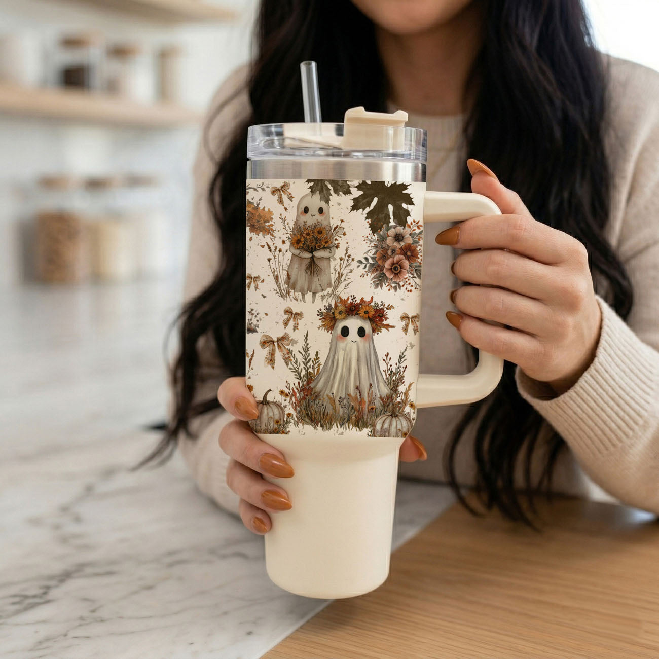 cozy ghost travel tumbler
cute ghost cup aesthetic
autumn ghost tumbler with handle
neutral halloween hydration cup
ghost tumbler for cozy mornings
cute ghost tumbler with bows
pumpkin patch aesthetic ghost cup
neutral floral ghost tumbler
