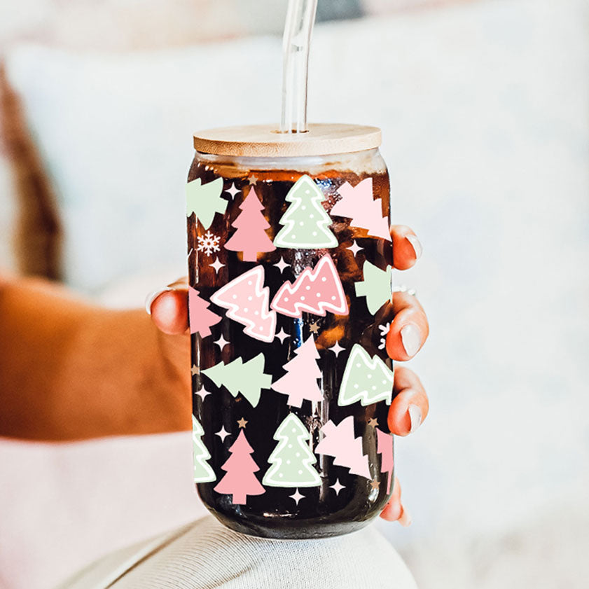 Christmas tree glass cup with straw