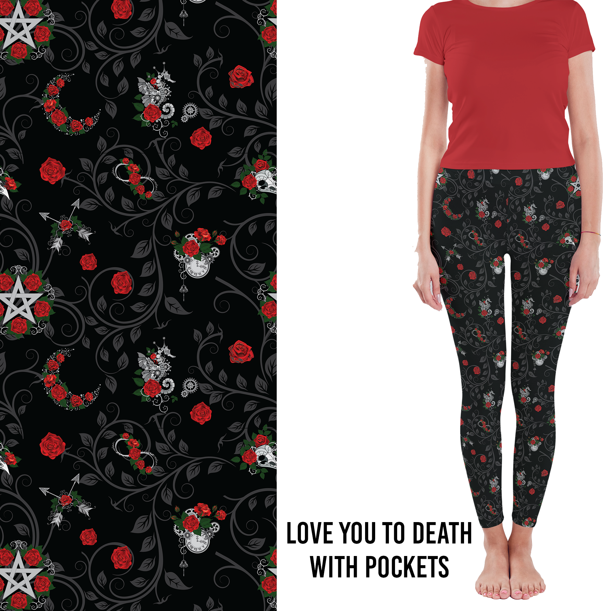 Love You to Death Gothic Rose Gothic Leggings with Pockets -w