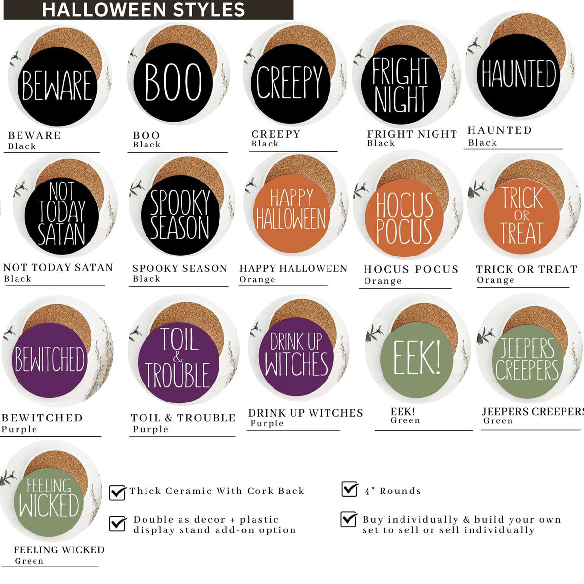 Green monster-inspired Halloween coasters with funny sayings
Not Today Satan black ceramic Halloween coaster with cork backing
Hocus Pocus orange Halloween coaster with protective cork base