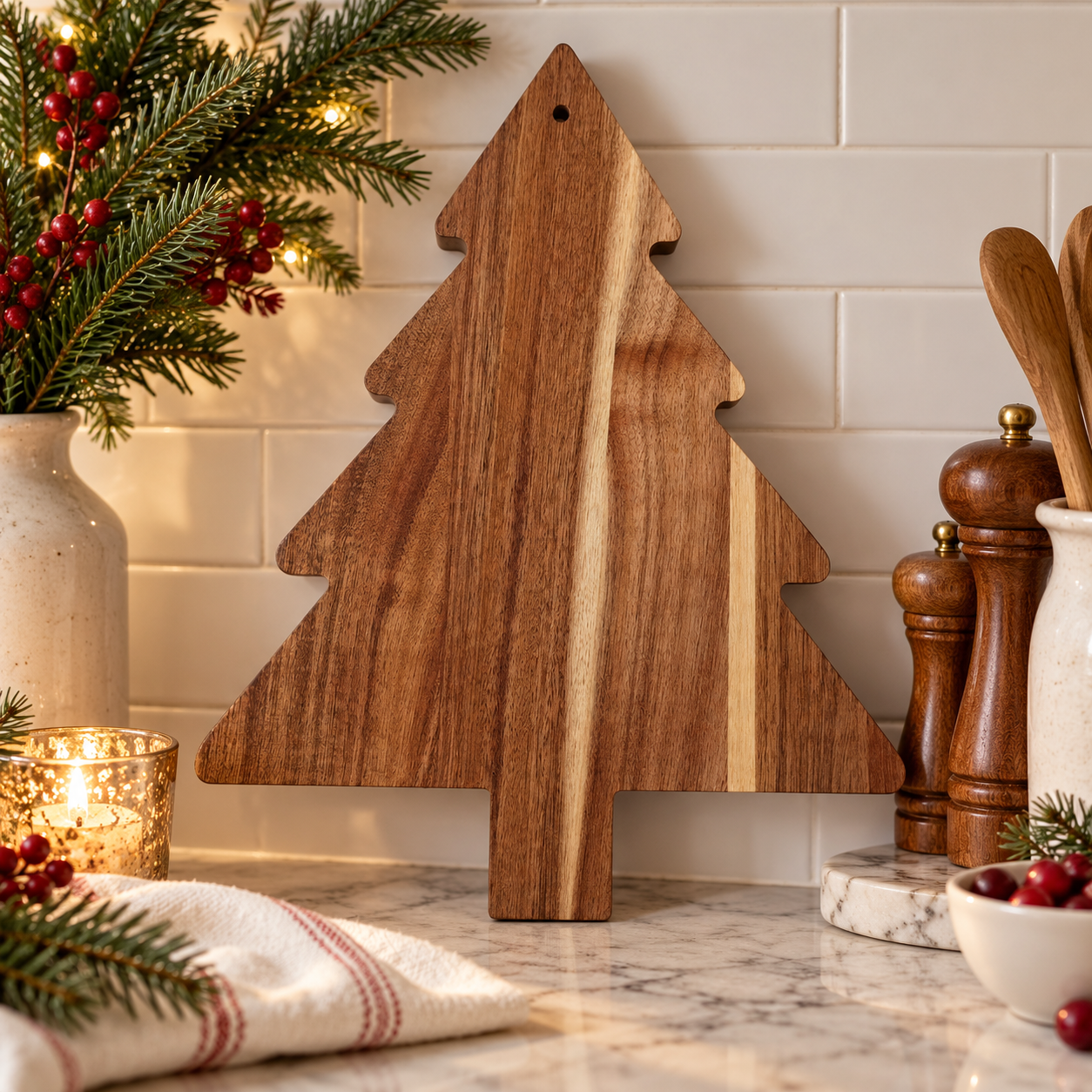 festive wooden cutting board
holiday cheese and cracker board
Christmas grazing board
tree shaped charcuterie platter
Christmas dessert serving board
Christmas acacia board displayed with candles and tabletop trees
Festive wooden serving board standing on a rustic kitchen shelf