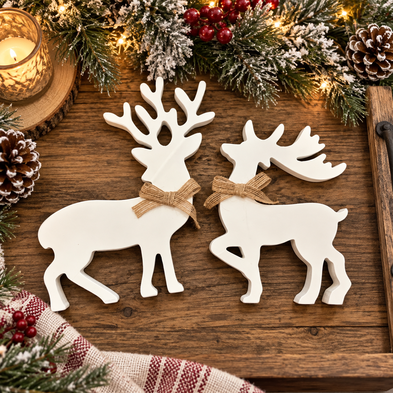 Christmas reindeer table decorations
wooden reindeer Christmas centerpiece
white Christmas reindeer shelf sitters
farmhouse reindeer holiday decorations