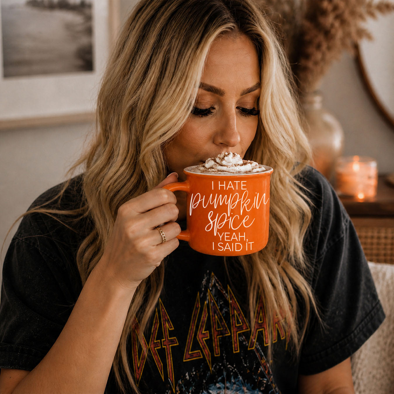 halloween coffee mug for sarcastic friend
fall gift idea for pumpkin spice haters
funny office mug for fall and halloween
autumn coffee bar decor with bright orange mug
cheeky fall mug with anti pumpkin spice quote
funny fall drinkware for friends and coworkers
orange ceramic coffee mug lifestyle photo
fall themed mug for people tired of pumpkin spice