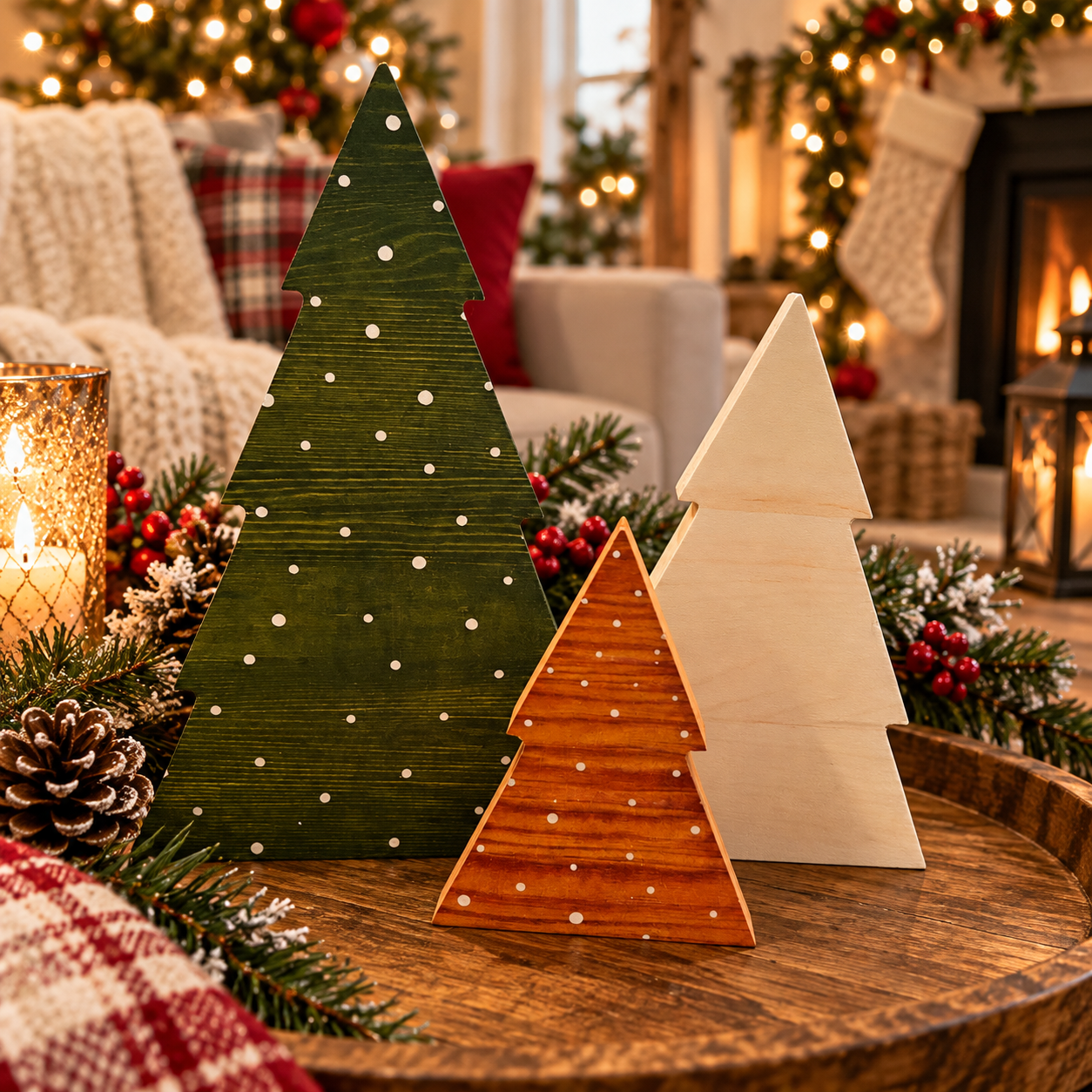 white and green Christmas tree decorations
wooden tree Christmas decor trio
Christmas tree decor in assorted sizes
modern farmhouse Christmas tree decorations