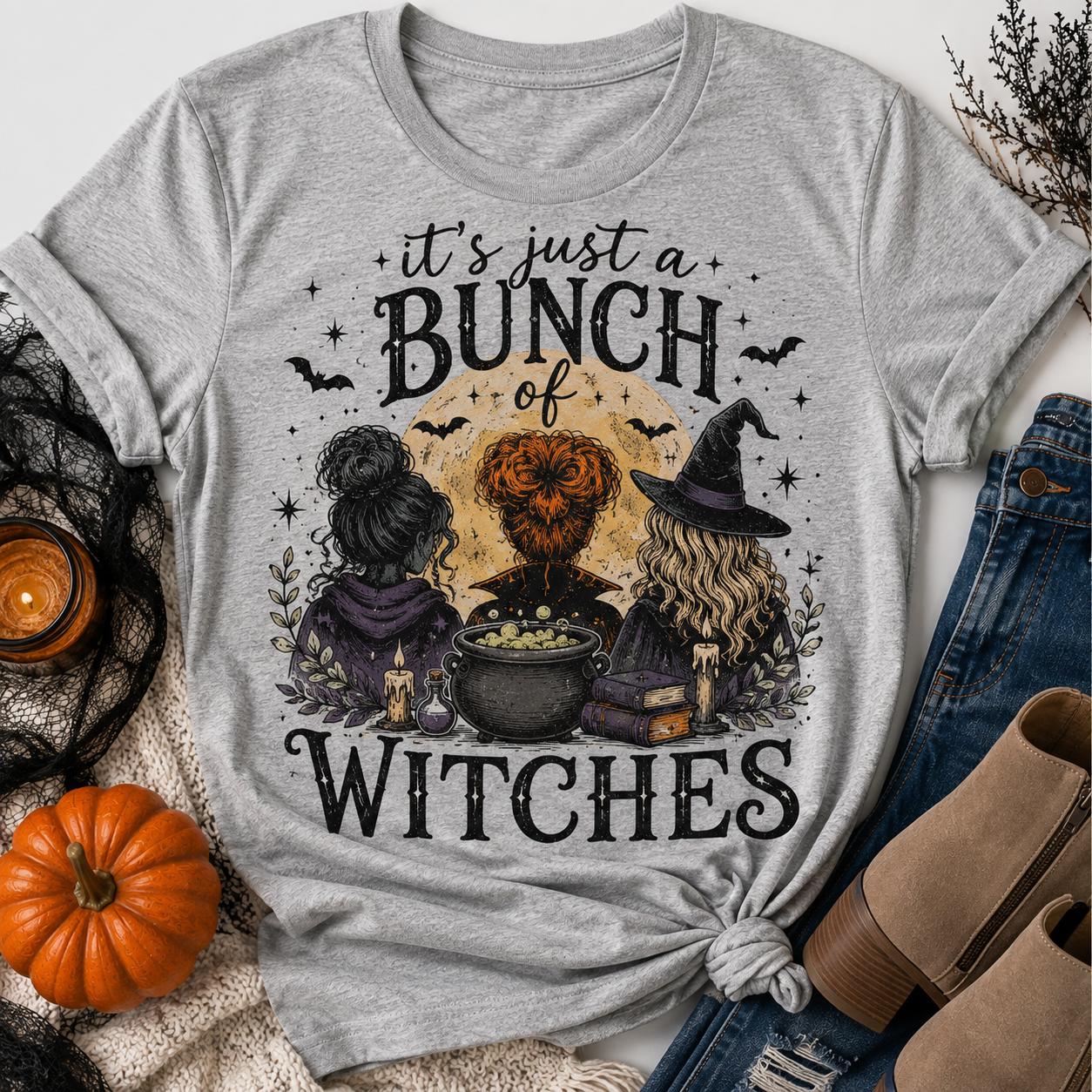 Gray It’s Just a Bunch of Witches Halloween graphic tee featuring three witches, cauldron, bats and spooky details.