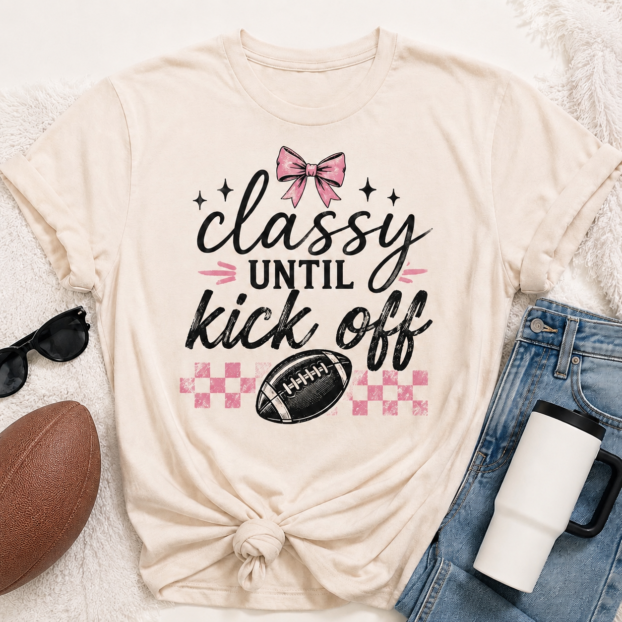 Classy Until Kick Off graphic crewneck tee with pink bow, football and pink checkerboard design