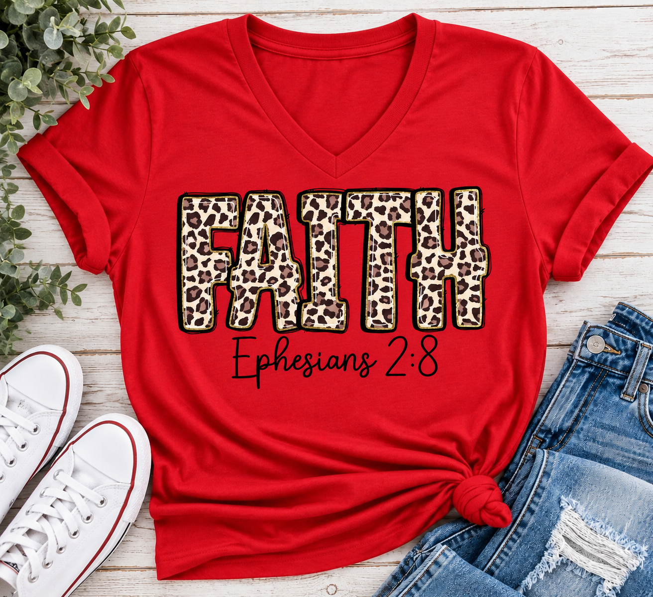 FAITH Ephesians 2:8 leopard print Christian graphic apparel for women in beige and red