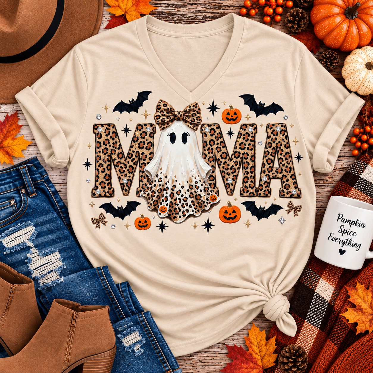 Mama leopard ghost Halloween graphic on cream V-neck tee with pumpkins, bats and bows