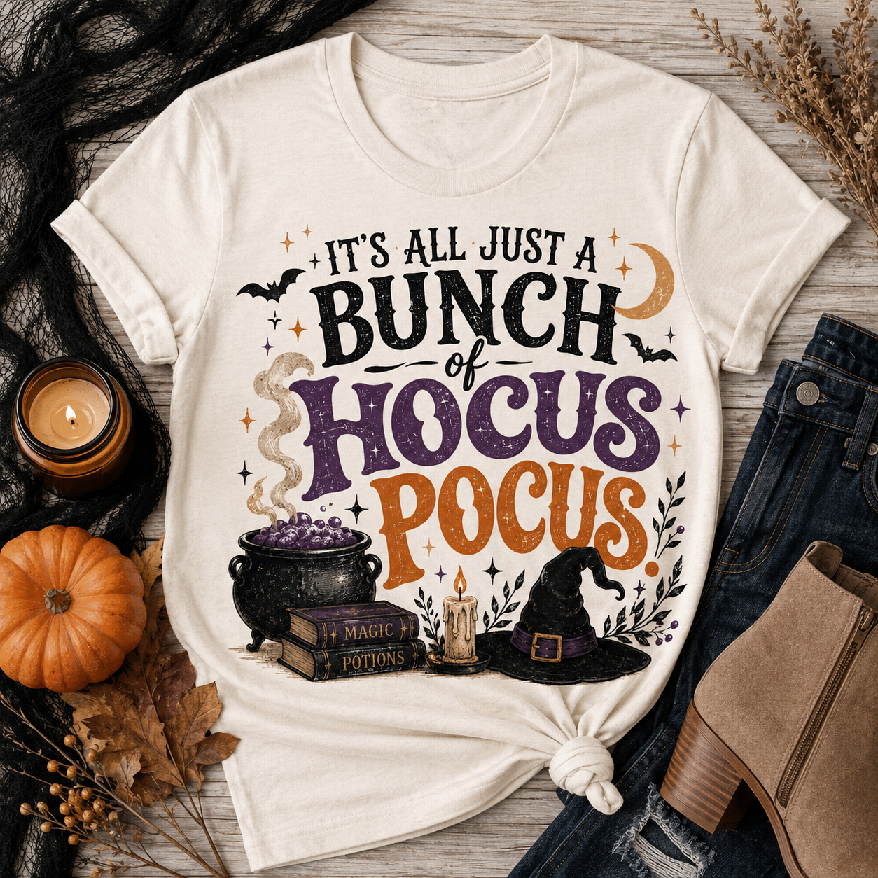 Hocus Pocus Halloween graphic crewneck tee with witch hat, cauldron and bats