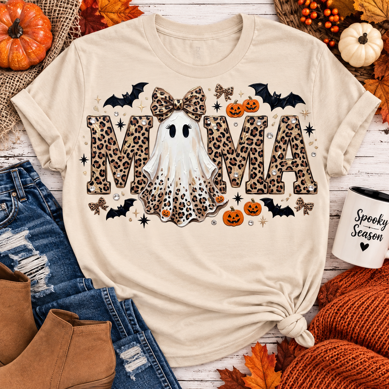 Mama leopard ghost Halloween graphic on cream short sleeve crewneck tee with pumpkins and bats