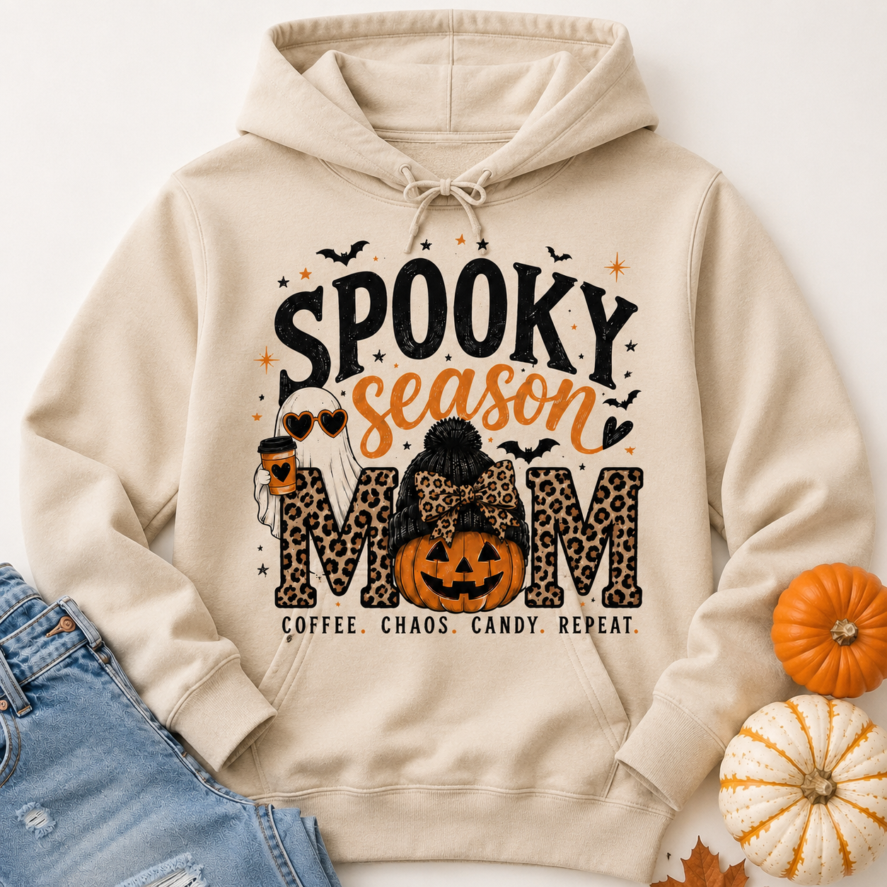Spooky Season Mom Halloween graphic hoodie with leopard print, ghost, pumpkin and coffee design