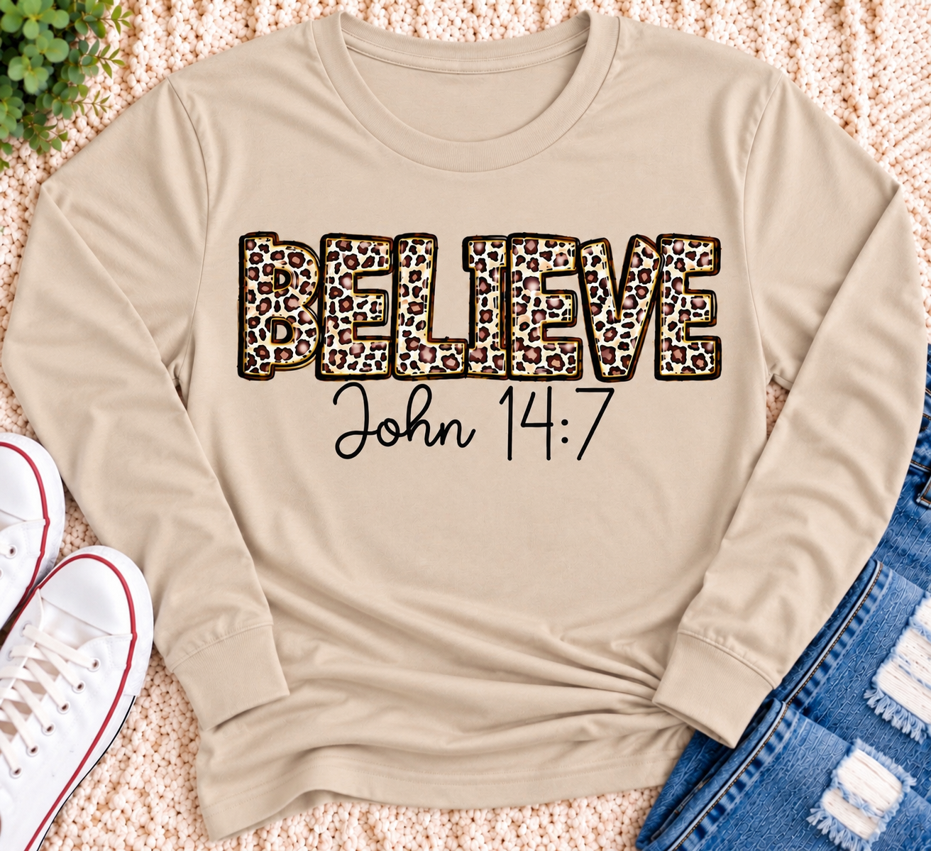 Believe John 14:7  leopard print Christian graphic shirt available in short sleeve crewneck, V-neck, long sleeve and hoodie styles.