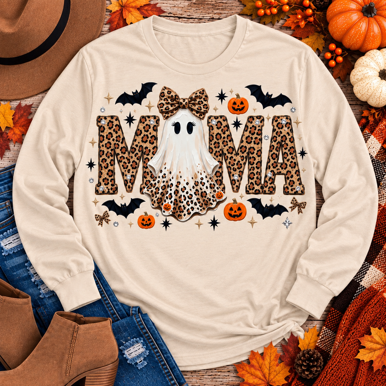 Mama leopard ghost Halloween graphic on cream long sleeve crewneck tee with pumpkins, bats and bows