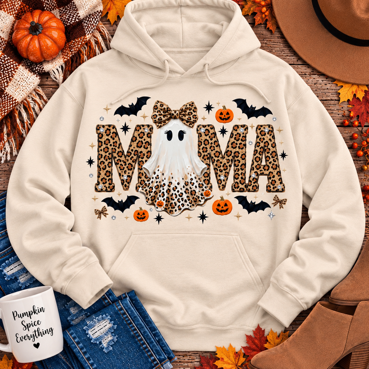 Mama leopard ghost Halloween graphic on cream hoodie with pumpkins, bats and leopard bow