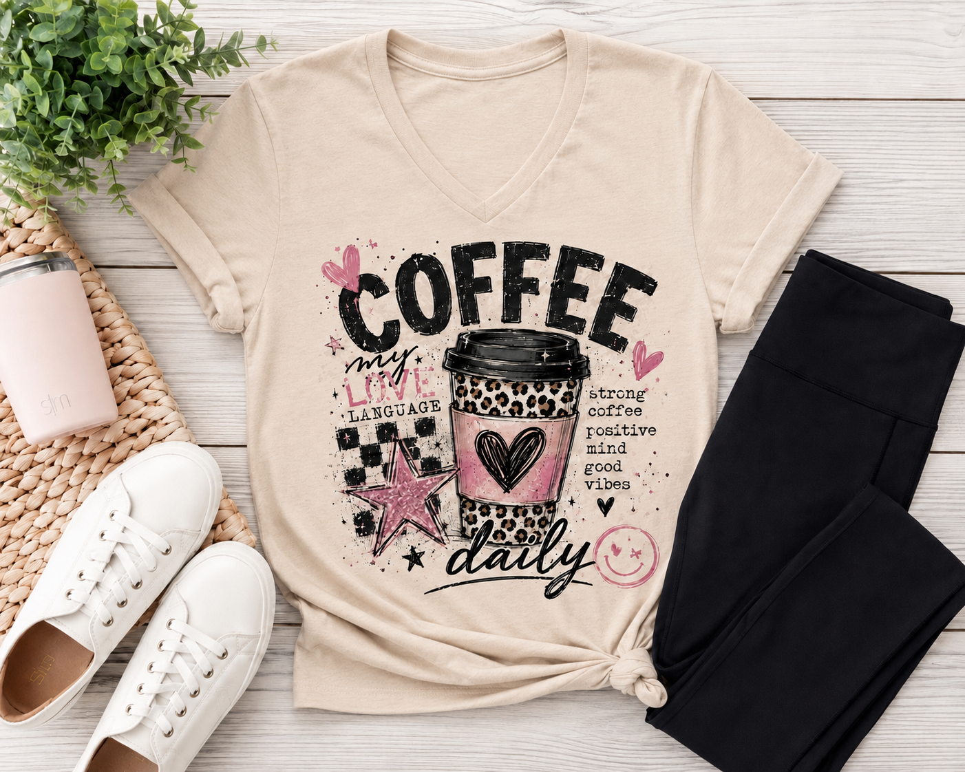 Coffee My Love Language graphic V-neck tee with pink and leopard print coffee cup design