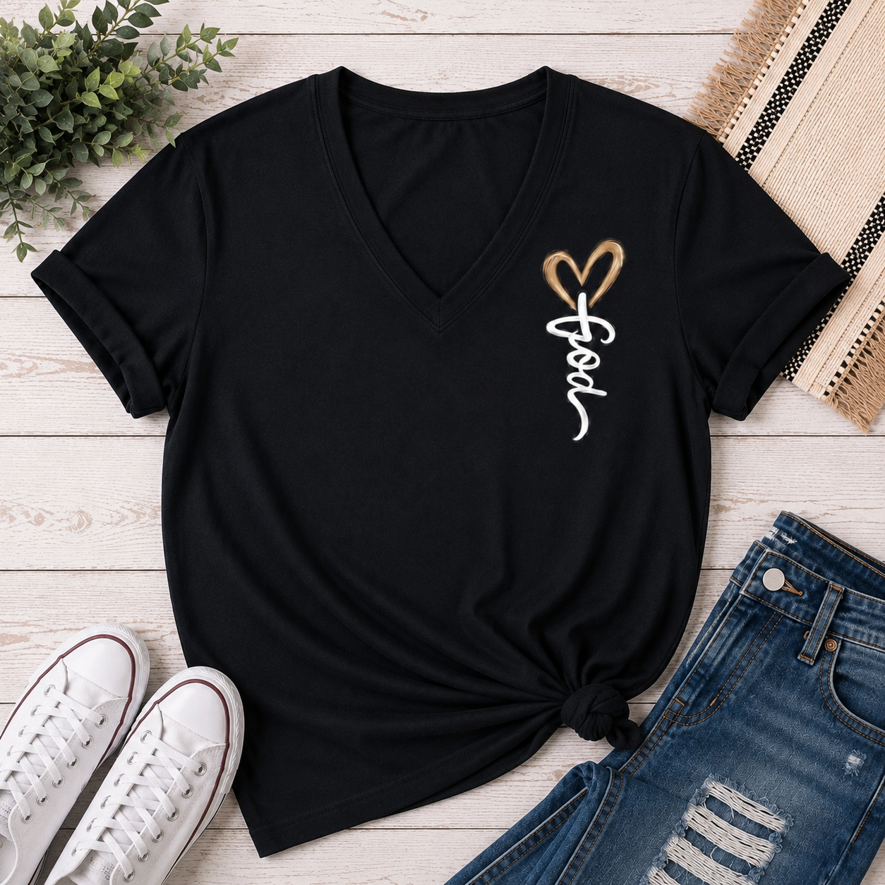 Black V-neck tee with God heart front graphic and Way Maker leopard cross faith graphic on back
