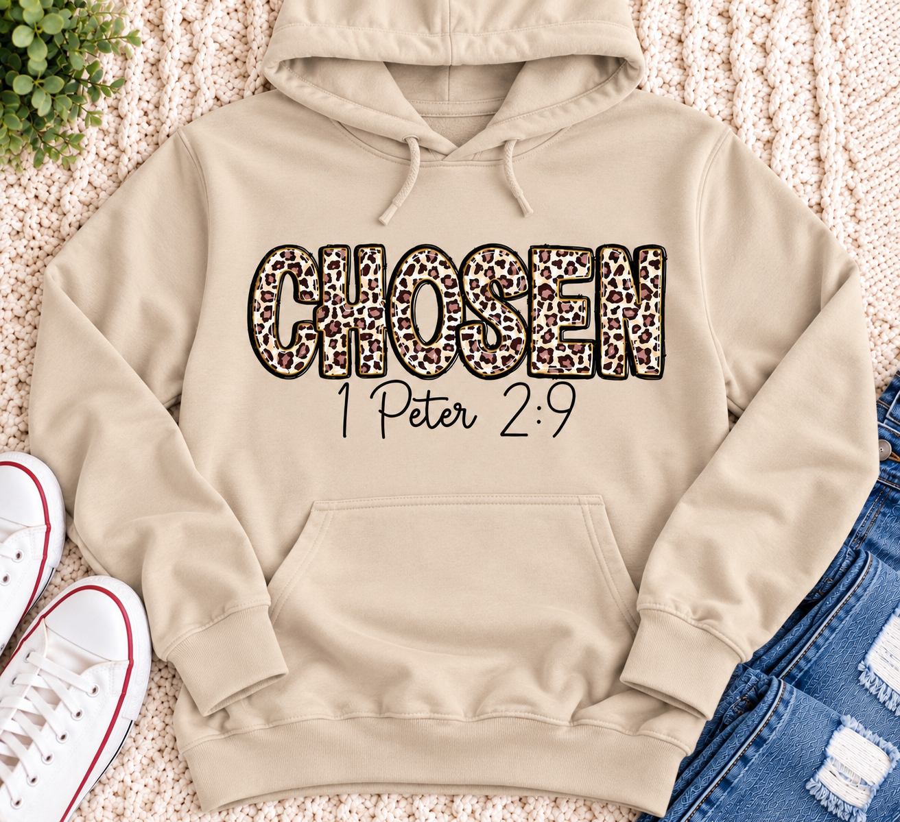 CHOSEN 1 Peter 2:9 leopard print Christian graphic apparel for women in red and beige