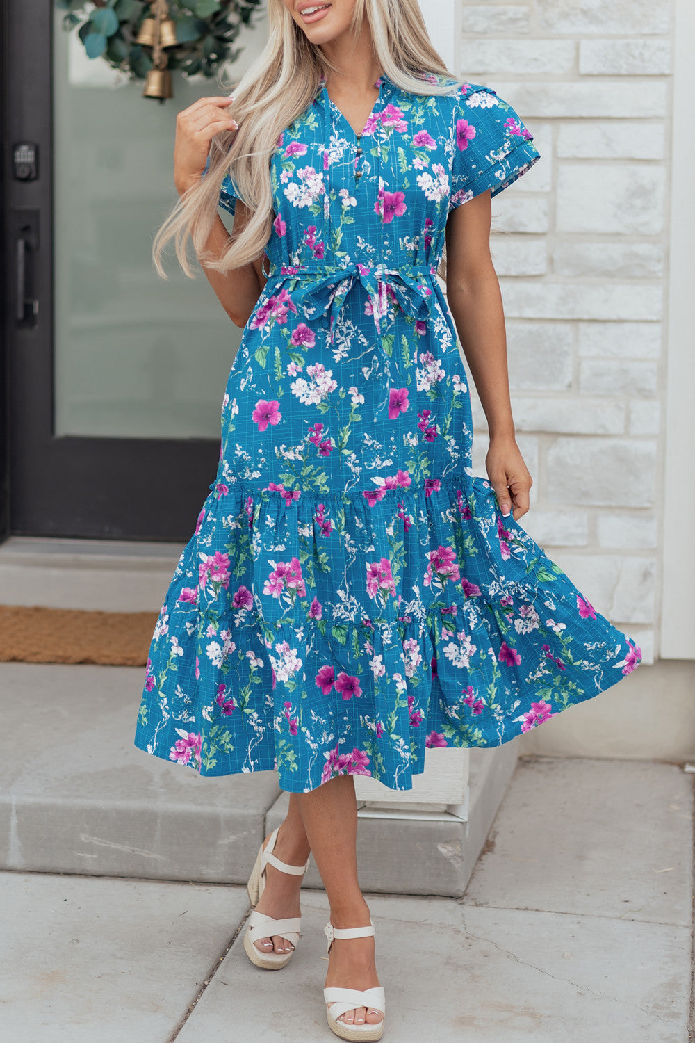 Blue Floral Belted Dress WTW
