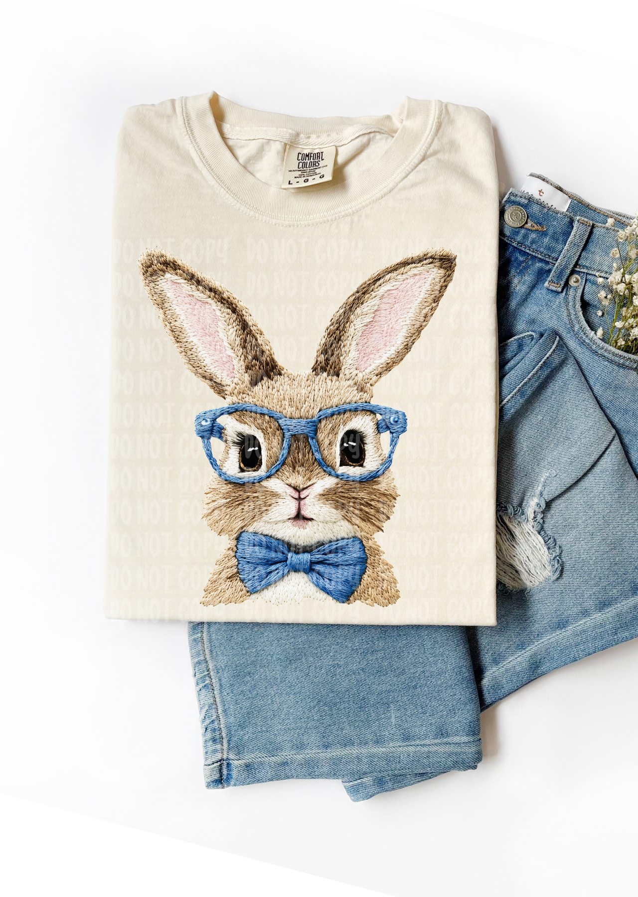 Smart Bunny Faux Embroidery  T-Shirt