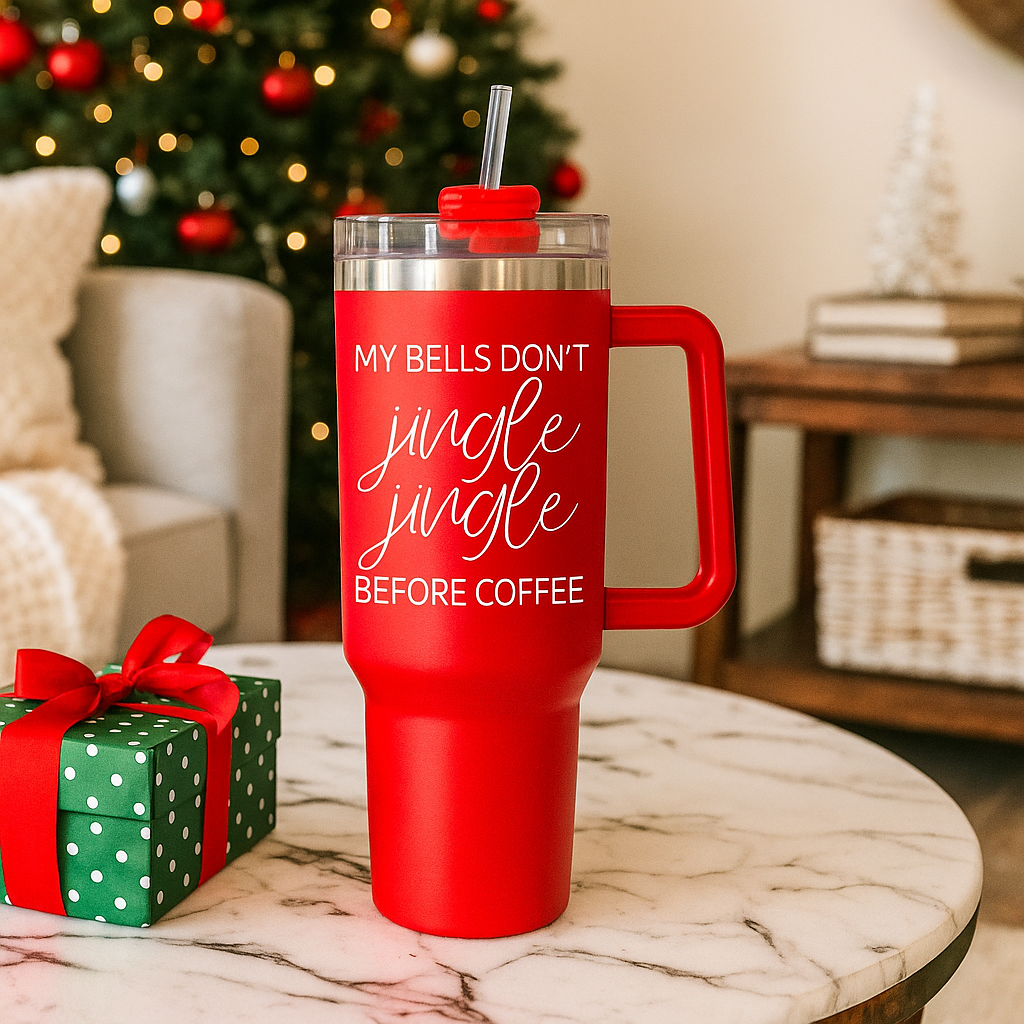 Holiday gift tumbler red featuring my bells dont jingle jingle before coffee message
Christmas tumbler with funny coffee quote 40oz red
Christmas white elephant gift tumbler funny 40 oz