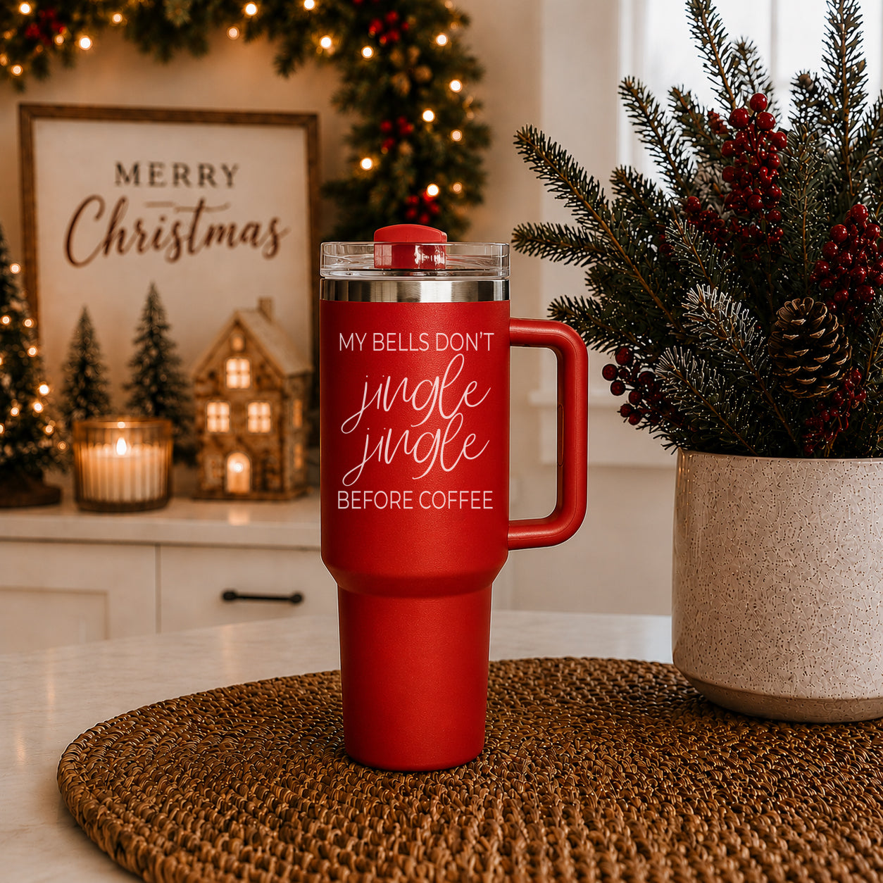 Christmas Stanley 40 oz Tumblers
Christmas coffee lover tumbler - my bells dont jingle jingle before coffee 40oz red
Holiday coffee addict tumbler  red
Christmas caffeine tumbler 40oz 
Holiday beverage tumbler red with funny quotes
Christmas hot chocolate tumbler humor
Wholesale Holiday drink tumbler red Christmas with handle.  
Christmas celebration tumbler 40oz red
Christmas gift tumbler 40oz red best seller