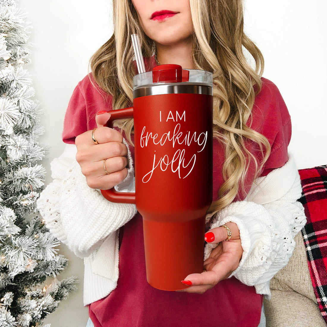 Two insulated travel mugs, one green and one red, with humorous text 
Modern Christmas tumblers
Funny Christmas tumblers with handle
Funny Christmas tumbler
red 40oz tumbler