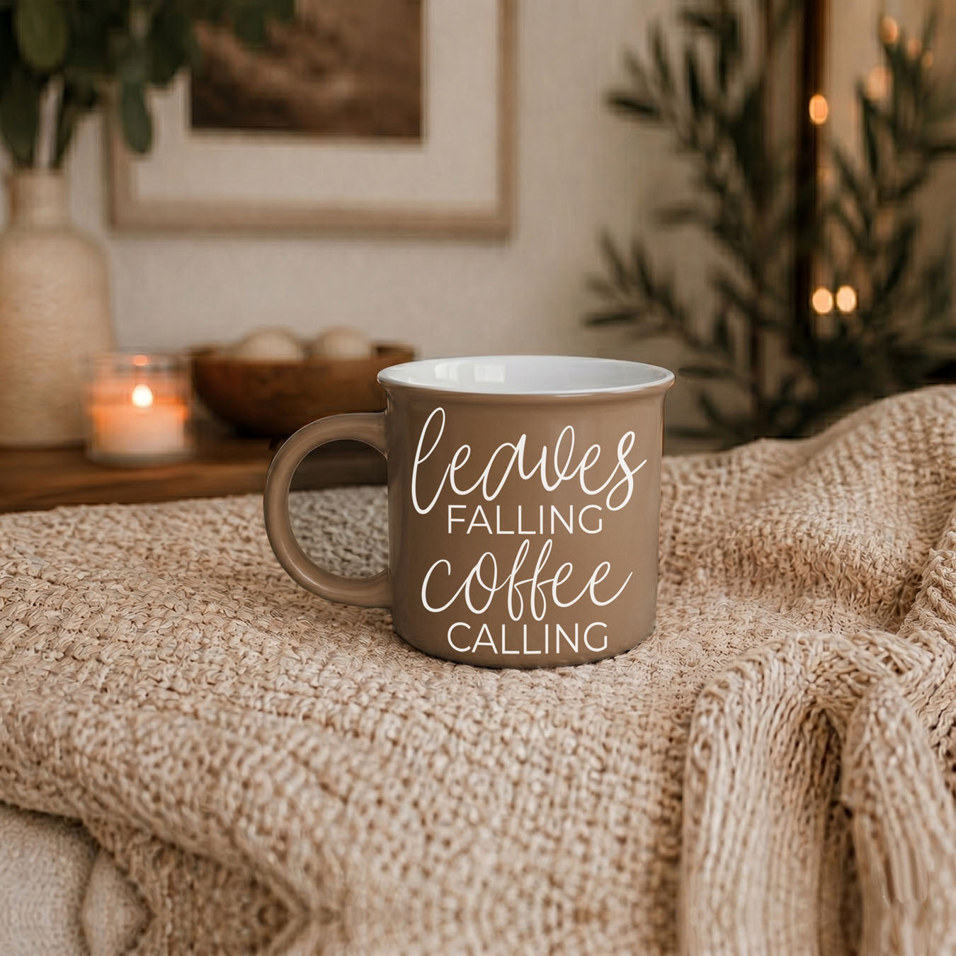 leaves falling coffee calling mug on marble countertop
autumn coffee cup with warm brown tones and fall decor
brown fall mug with chain and pumpkin styling
leaves falling coffee calling mug for fall coffee bar
giftable autumn mug for coffee and fall leaf lovers
fall and autumn kitchen decor with brown quote mug