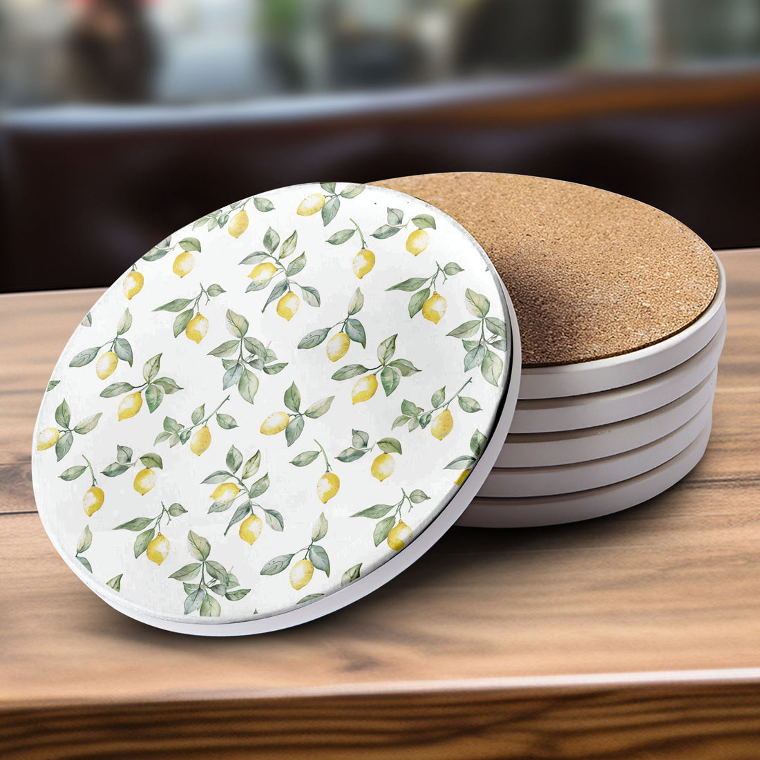 wedding gift ceramic coasters Mediterranean lemon pattern luxury blue white summer decor cork back