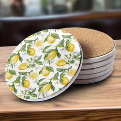 handcrafted ceramic drink coasters Mediterranean lemon pattern luxury blue white yellow designs cork backing set