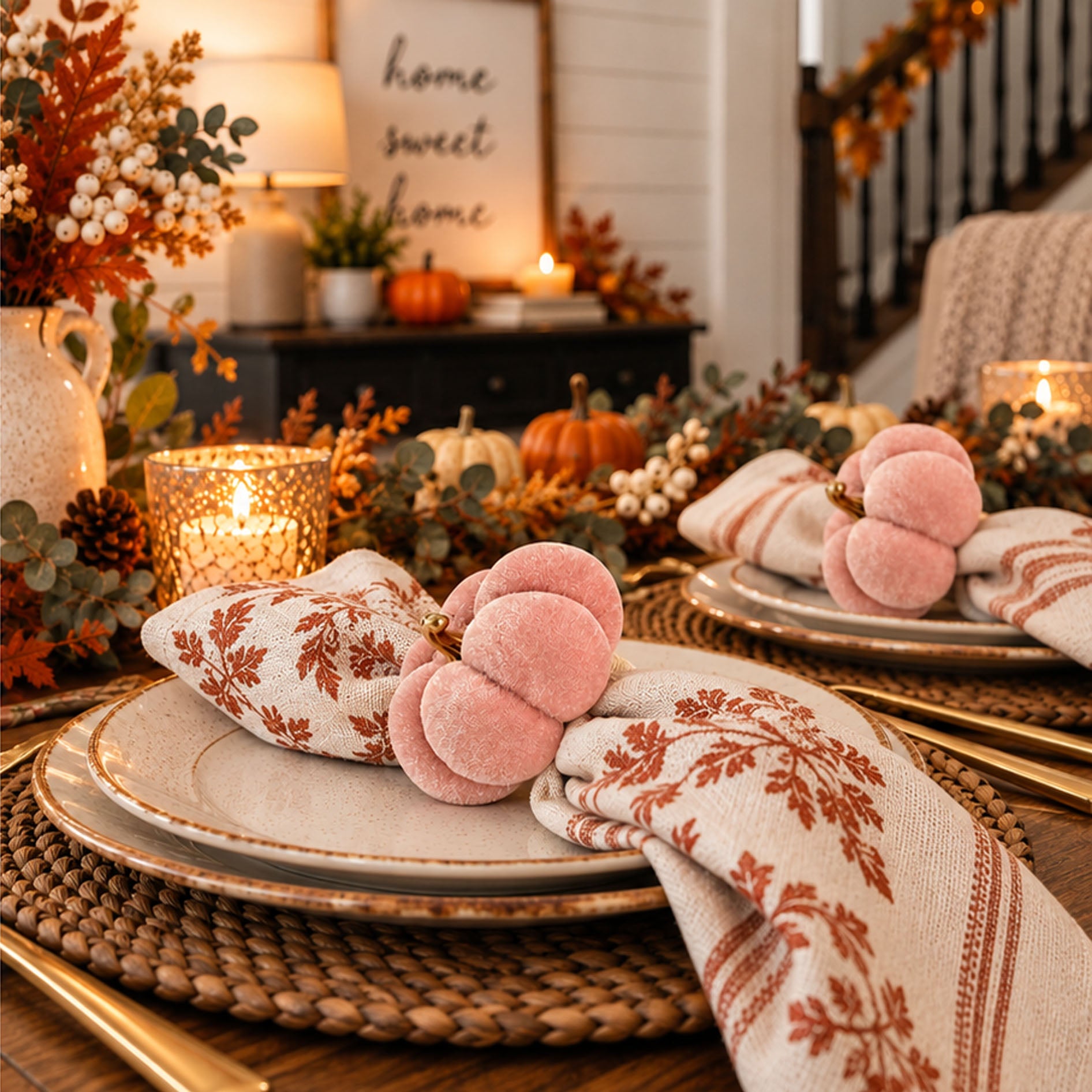 Velvet pumpkin napkin ring used with patterned cloth napkin for Thanksgiving table setting