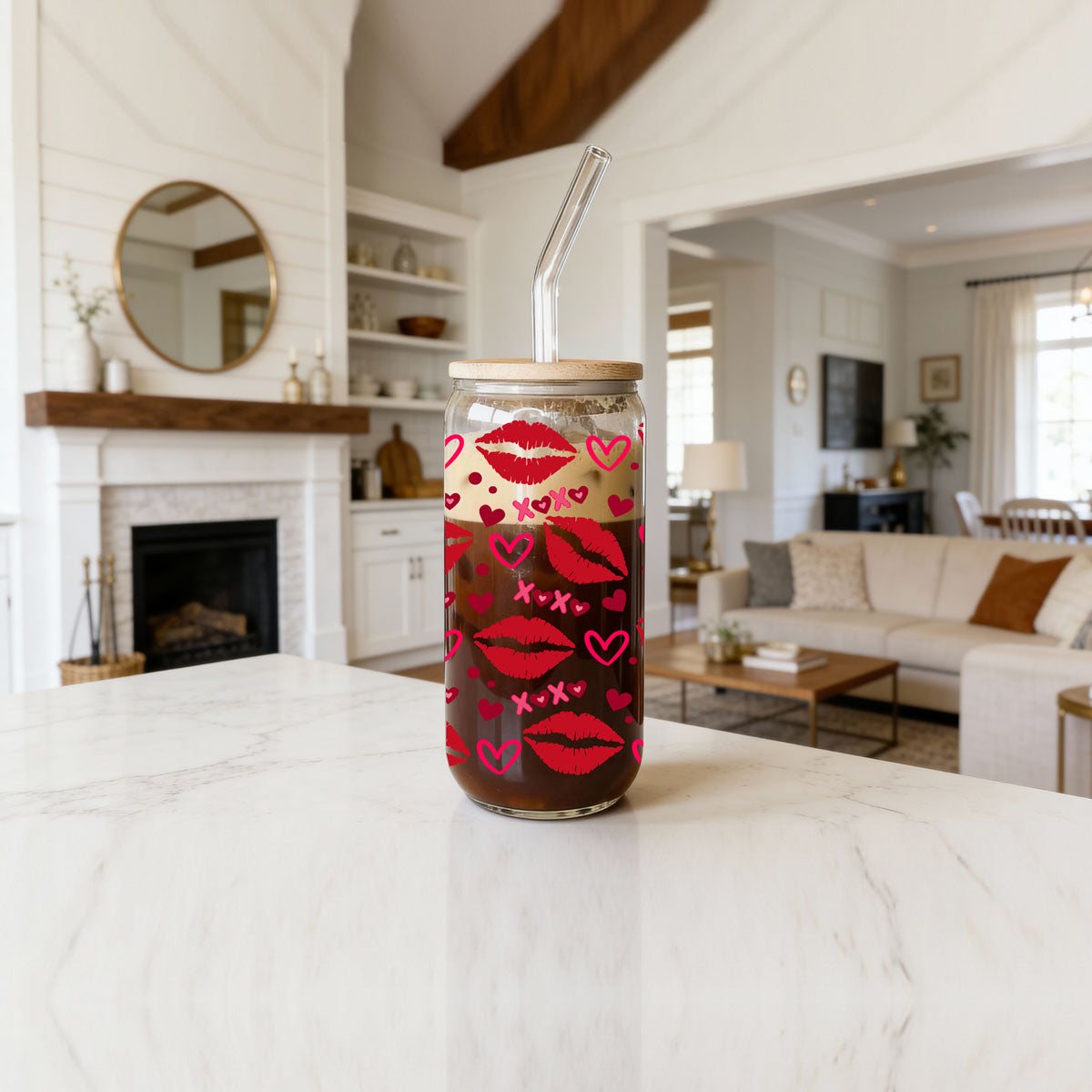 20oz glass cups featuring red lips, hearts, and XOXO graphics for a festive touch.
Bold red lips and heart graphics on 20oz glass cups for a unique Valentine’s gift.
Valentine’s Day gift idea with 20oz glass cups featuring XOXO, red lips, and hearts.