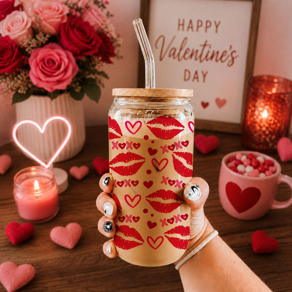 Fun and flirty 20oz glass cups featuring red lips and XOXO for her.
20oz glass tumblers with red lips, hearts, and XOXO for a chic Valentine’s gift resalers. 
Fun and trendy 20oz glass cups with red lips and pink XOXO for a unique gift.
20oz glass tumblers with bold red lips, hearts, and XOXO for Valentine’s Day.
