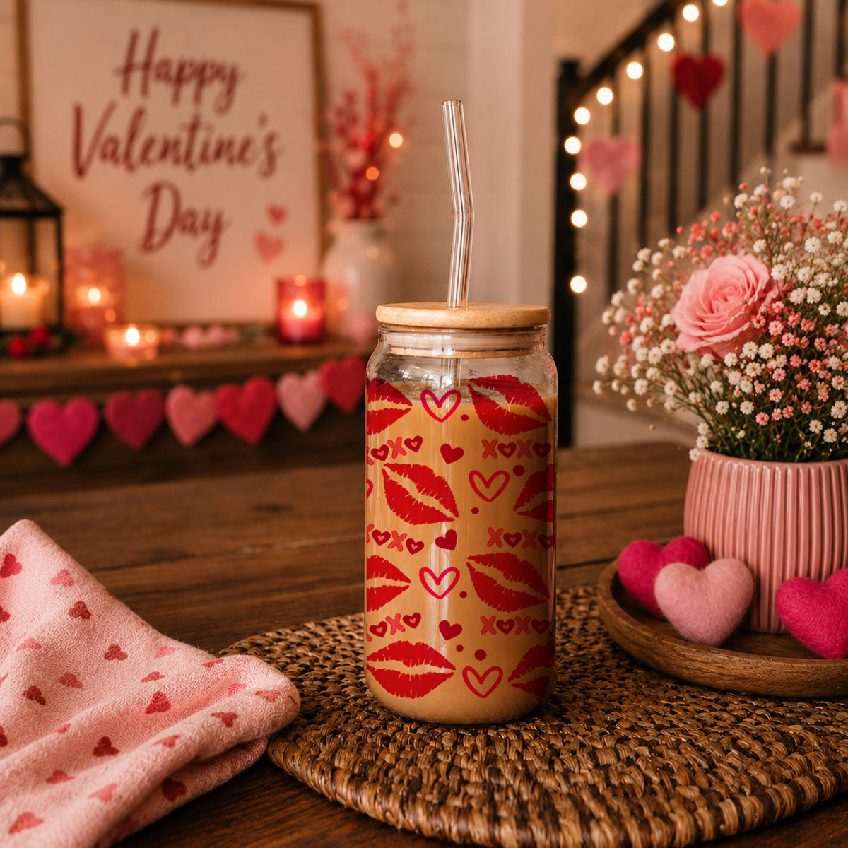 Unique Valentine’s Day glass cups featuring XOXO and red lips for a fun gift.
Festive 20oz glass tumblers featuring pink and red XOXO and heart designs.
Bold red lips and XOXO 20oz glass cups for a sassy Valentine’s gift.
Playful 20oz glass cups with red lips, hearts, and XOXO for Galentine’s Day fun.