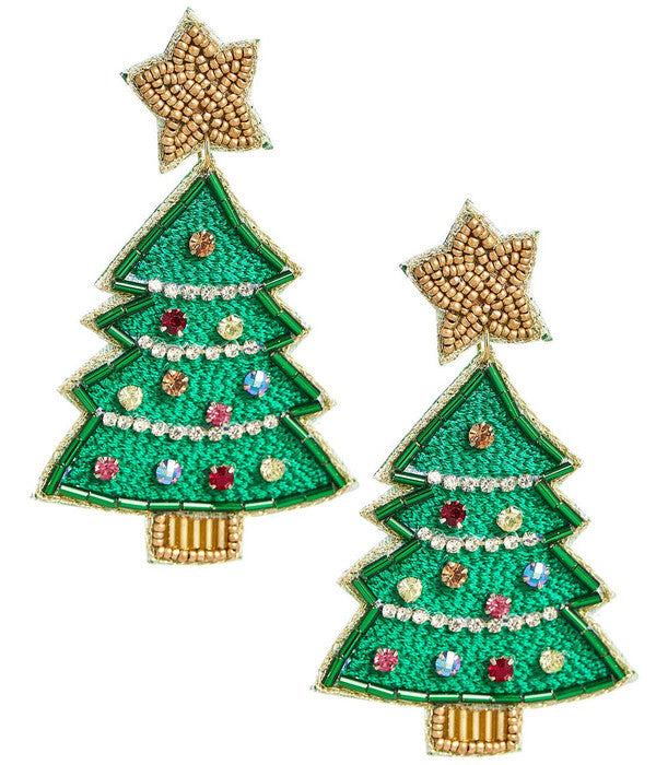 Christmas Tree Beaded Earring  - Gold Star Top