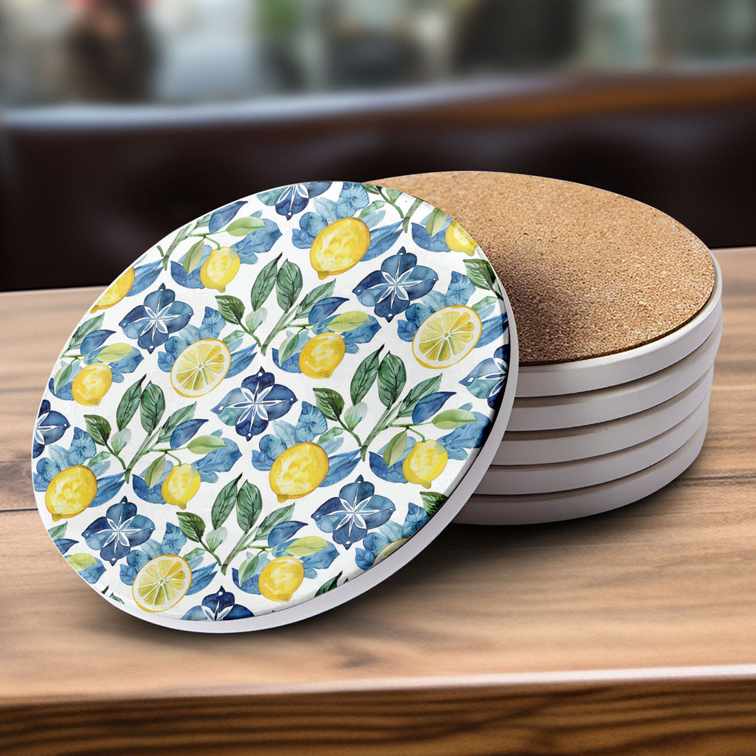 boho Mediterranean ceramic coasters lemon citrus pattern blue white luxury home decor cork backing