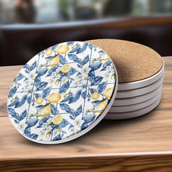 designer ceramic coasters Mediterranean lemon pattern luxury chinoiserie blue white yellow cork backing decor