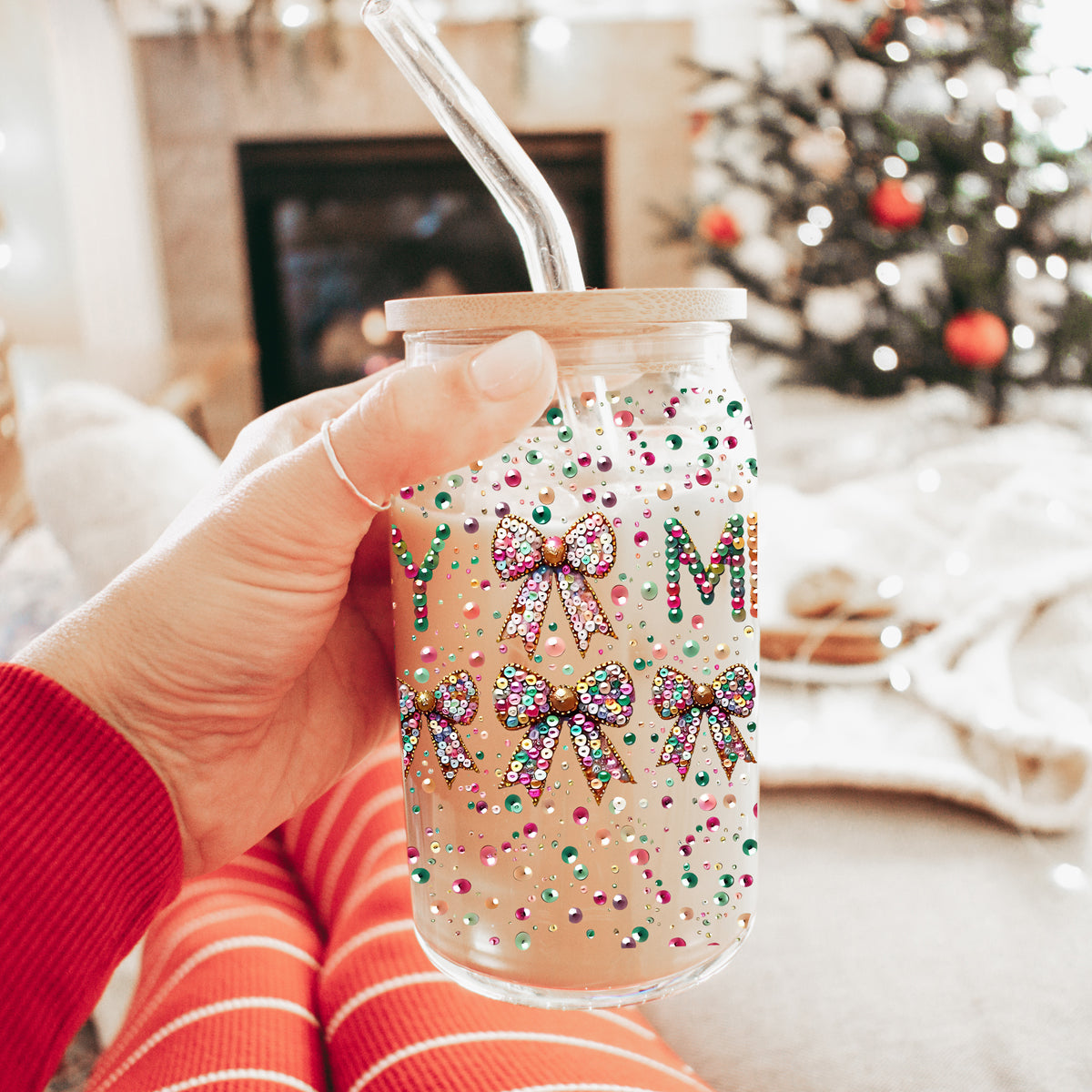 17oz Christmas coffee tumbler glass - Merry glitter sequin holiday kitchen gifts bamboo lid straw - Coquette bow design