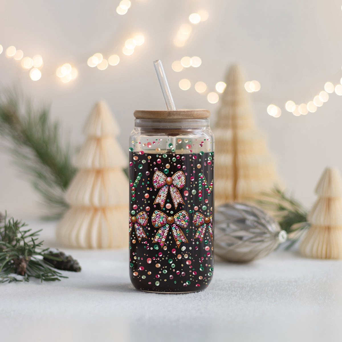 Christmas gifts for women glass tumbler - Merry sequin glitter holiday drinkware bamboo lid glass straw coquette bow
Holiday coffee gifts glass cup 17oz - Christmas Merry glitter sequin coquette bow kitchen accessories bamboo lid straw
