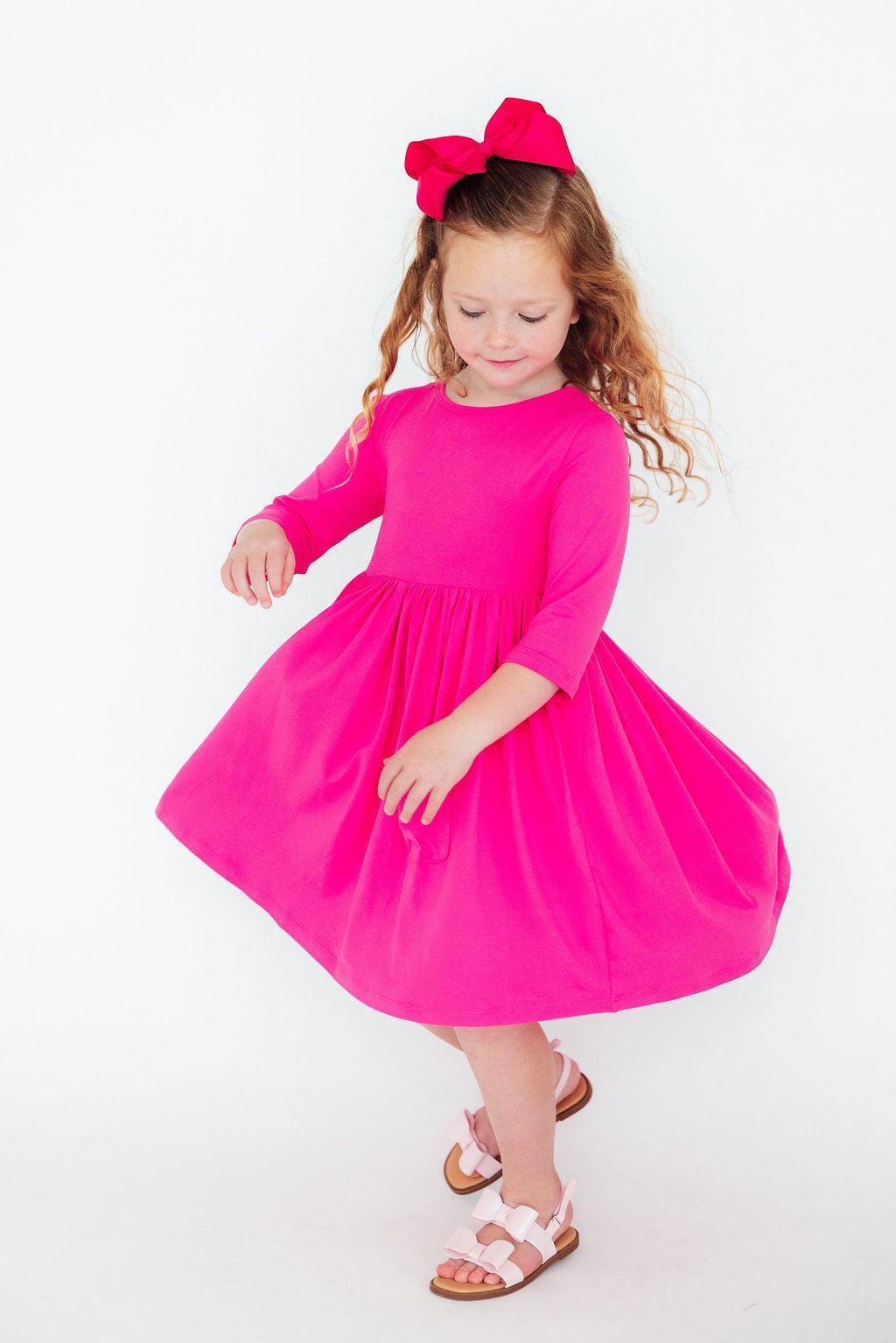 Hot Pink 3/4 Sleeve Pocket Twirl Dress
