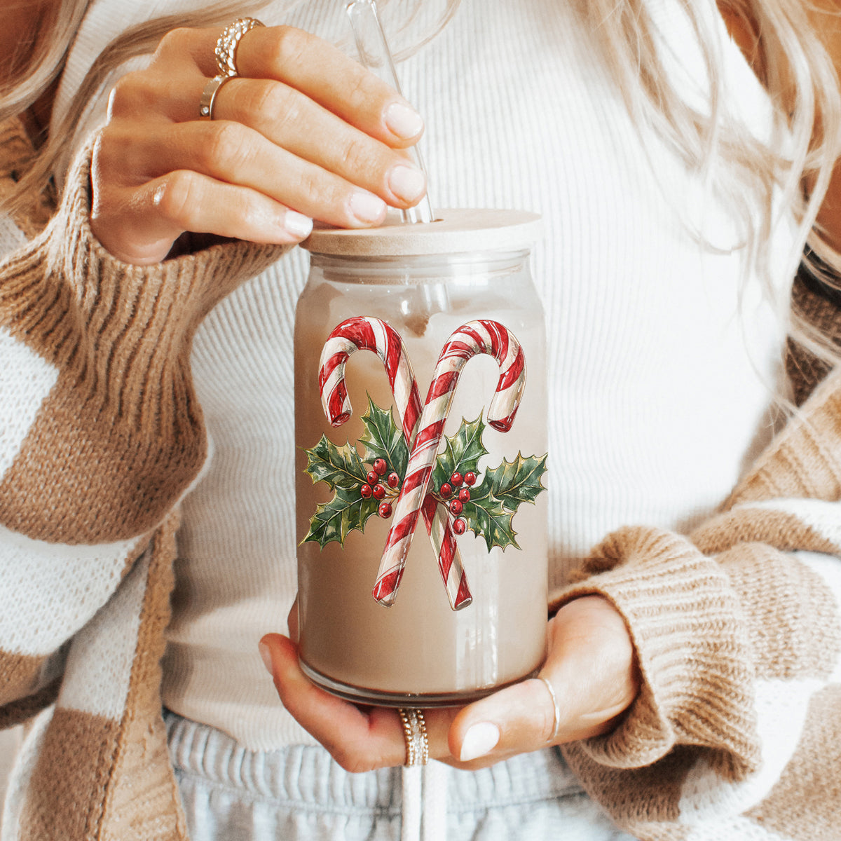 Christmas candy cane tumbler with bamboo lid - festive holly design glass cup
17oz Christmas glass tumbler - candy cane and holly holiday cup with straw
Holiday drinkware gift - reusable glass cup with candy cane Christmas design