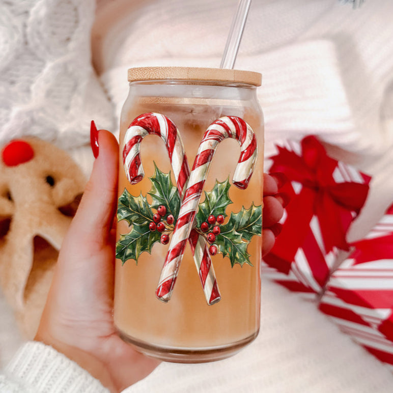 Christmas coffee tumbler gift for moms with candy cane and holly wreath
holiday drinkware glass cup for coffee bar or kitchen decor